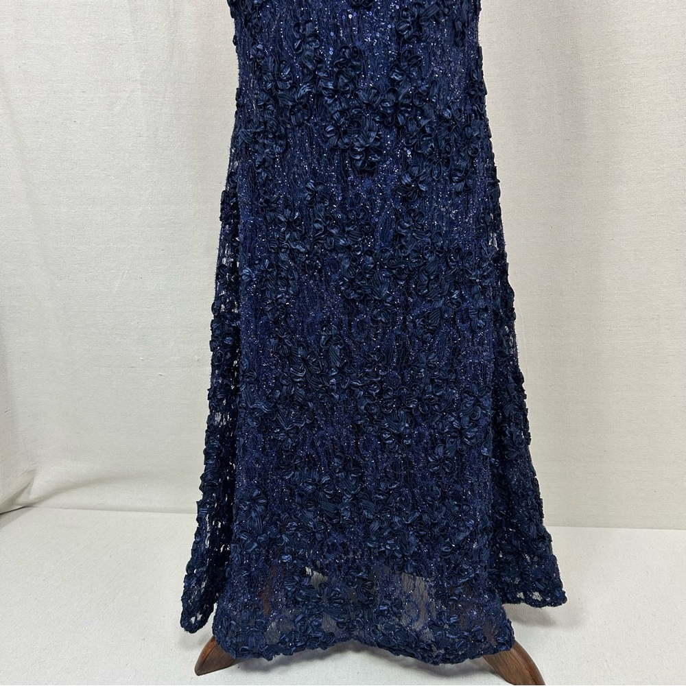 Xscape Navy Blue Rosette Sequin Lace Mermaid Off Shoulder Prom Gown Size 4 - Picture 5 of 10